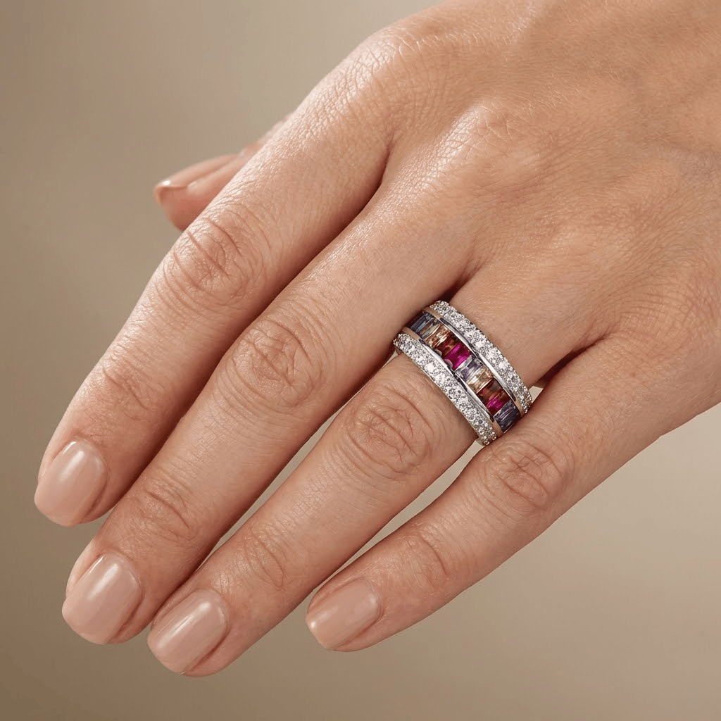 Anel de prata Rainbow com pedras preciosas coloridas, design elegante da marca Rose & Oliver.
