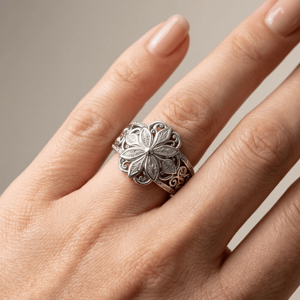 Anel prata Rose & Oliver com flor de zirconia brilhante e detalhes delicados, destacando-se pelo design elegante e sofisticado.