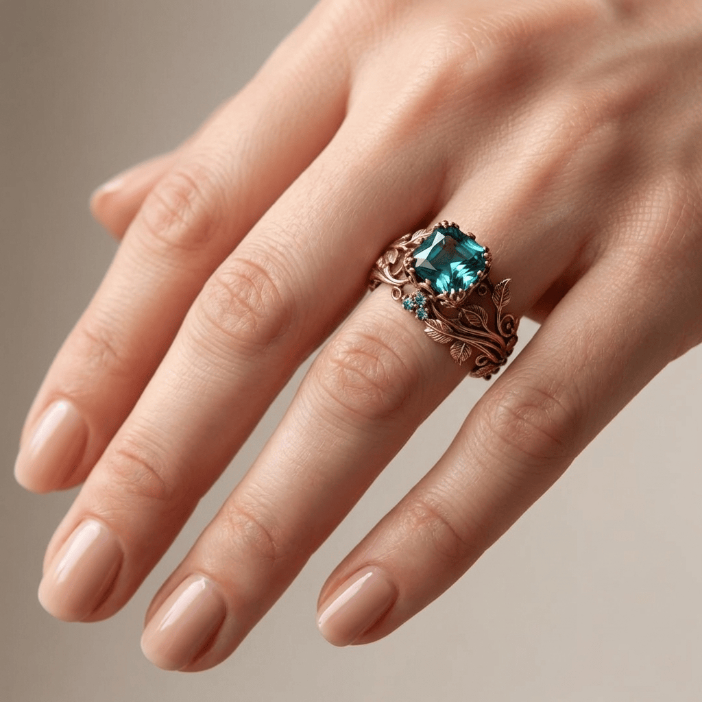 Anel Rose Gold Enchanted Forest Rose & Oliver com detalhes florais e acabamento brilhante em ouro rosé.