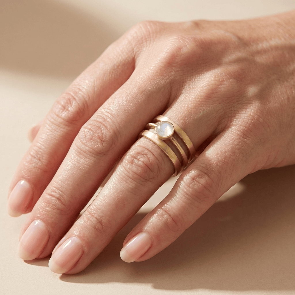 Silberring mit goldenem Mondstein und zarten Details, eleganter Stil der Marke Rose & Oliver.