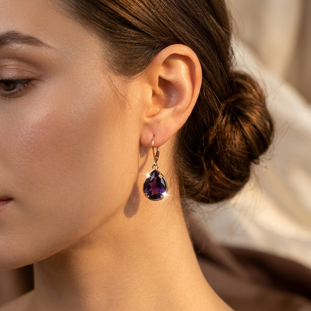 Brincos de ouro com pingente de ametista em formato de lágrima, estilo elegante, da marca Rose & Oliver.