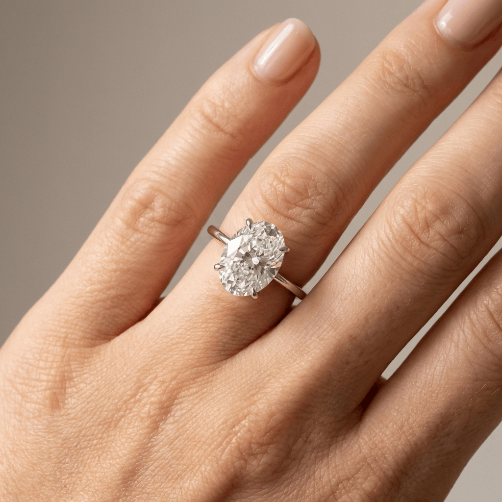 Anel de noivado oval com diamante solitaire da Rose & Oliver, prata com detalhe elegante e acabamento brilhante.