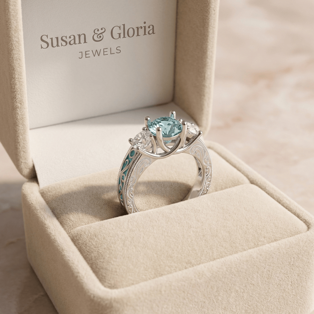 Anel de prata com pedra preciosa oval e halo de brilho, design elegante da Rose & Oliver, destacando-se em fundo neutro.
