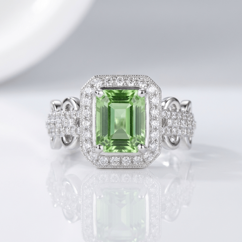 Anel de halo com esmeralda da Rose & Oliver, joia elegante com pedra central verde e acabamento brilhante.