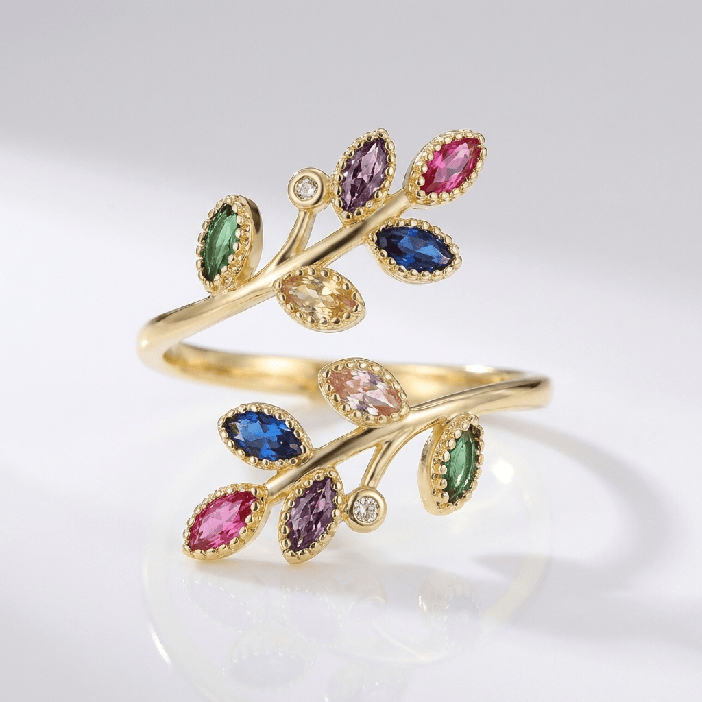 Anel ajustável Rose & Oliver com acabamento em folha de ouro, estilo delicado e elegante para uso diário.