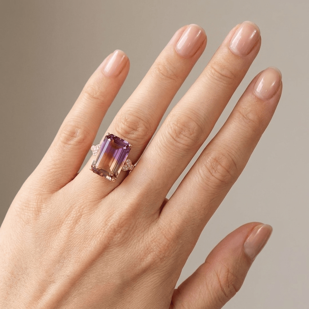 Anel de ouro rosa com ametista, joia elegante da marca Rose & Oliver, exibindo a pedra central brilhante e detalhes delicados.