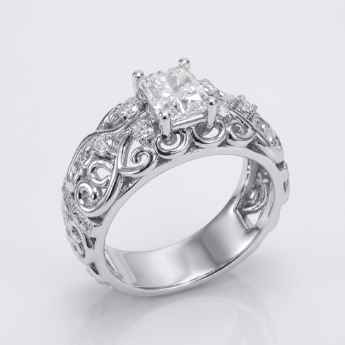 Anel de prata Cushion Diamond Carved da Rose & Oliver com detalhes vazados e acabamento polido.