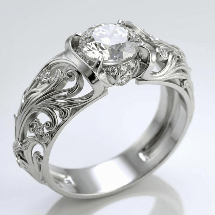 Anel vintage prata Rose & Oliver com design elegante e detalhes clássicos, destaque para acabamento polido e estilo sofisticado.