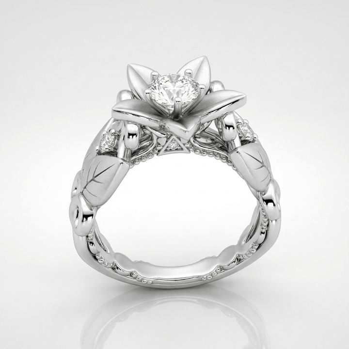 Anel de prata com detalhes em zircônia em forma de pétala, da marca Rose & Oliver, com design delicado e elegante.