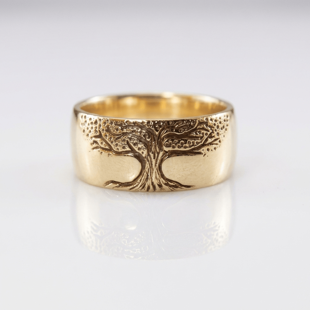 Anel Tree of Life Rose & Oliver feito de metal com acabamento dourado e detalhes intricados, símbolo da vida e conexão.