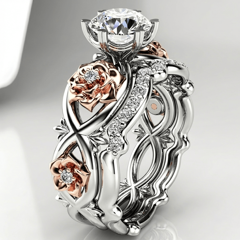 Anel floral em prata rosé com diamantes da Rose & Oliver, delicado e elegante, com detalhes de flores e brilho.