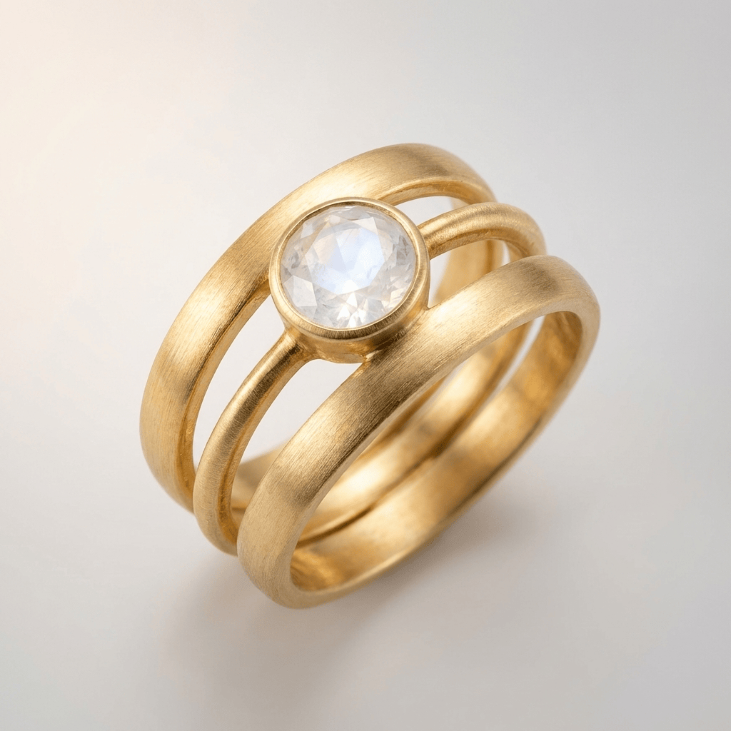 Silberner Ring mit goldenem Mondstein, von der Marke Rose & Oliver, dargestellt in Nahaufnahme mit funkelnden Details.