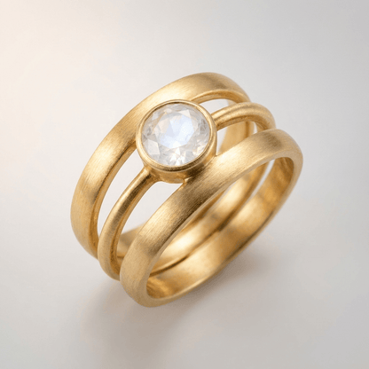 Silberner Ring mit goldenem Mondstein, von der Marke Rose & Oliver, dargestellt in Nahaufnahme mit funkelnden Details.