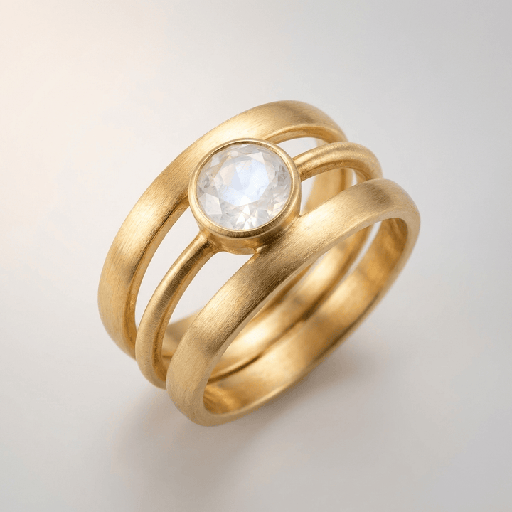 Anel de prata com pedra de moonstone dourada, da marca Rose & Oliver, exibido em close com detalhes brilhantes.