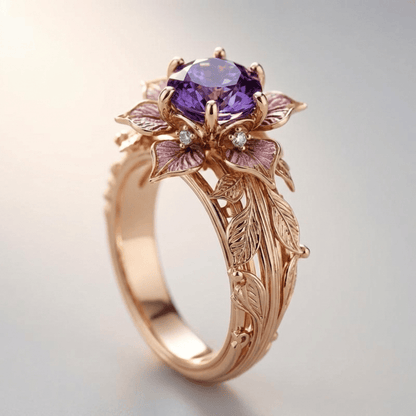 Anel dourado roxo com detalhes florais da Rose & Oliver, com acabamento brilhante e design elegante.
