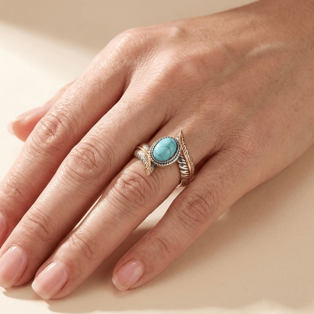 Anillo bohemio de plata, oro y turquesa de Rose & Oliver, con diseño elegante y detalles artesanales.