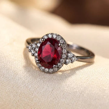 Anel de prata com halo de rubis, estilo vintage, da marca Rose & Oliver, exibindo detalhes brilhantes e acabamento refinado.