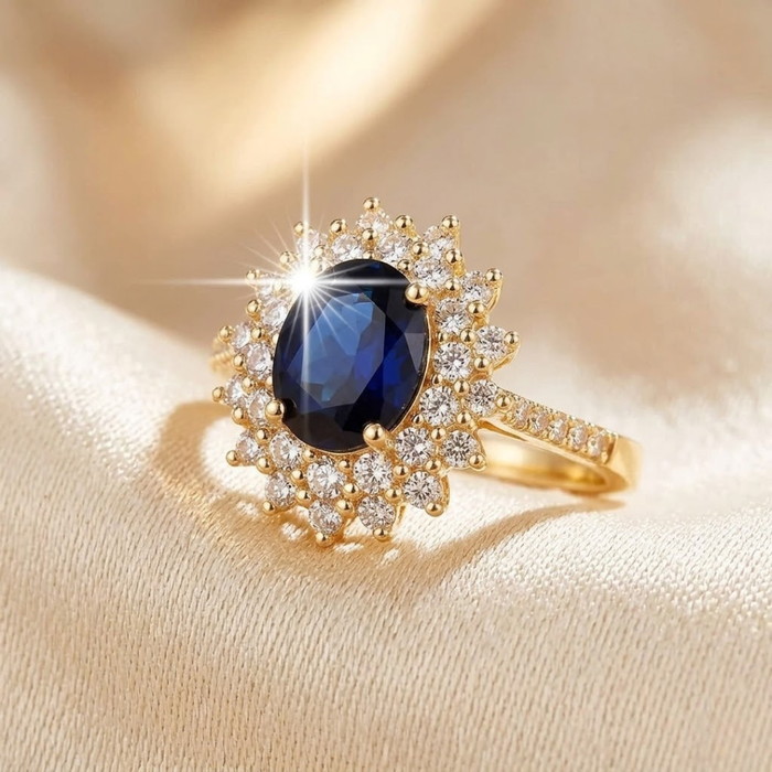 Anel de ouro com halo de safira azul, joia elegante da marca Rose & Oliver, destacando o design com pedra central brilhante.