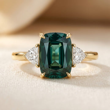 Anel de ouro com esmeralda solitaire da Rose & Oliver, destaque para a pedra central e acabamento elegante.