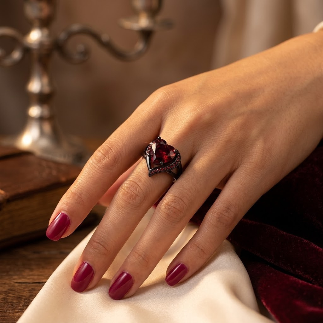 Anel de coração com rubi e prata prateada da Rose & Oliver, detalhe de pedra rubi em forma de coração.
