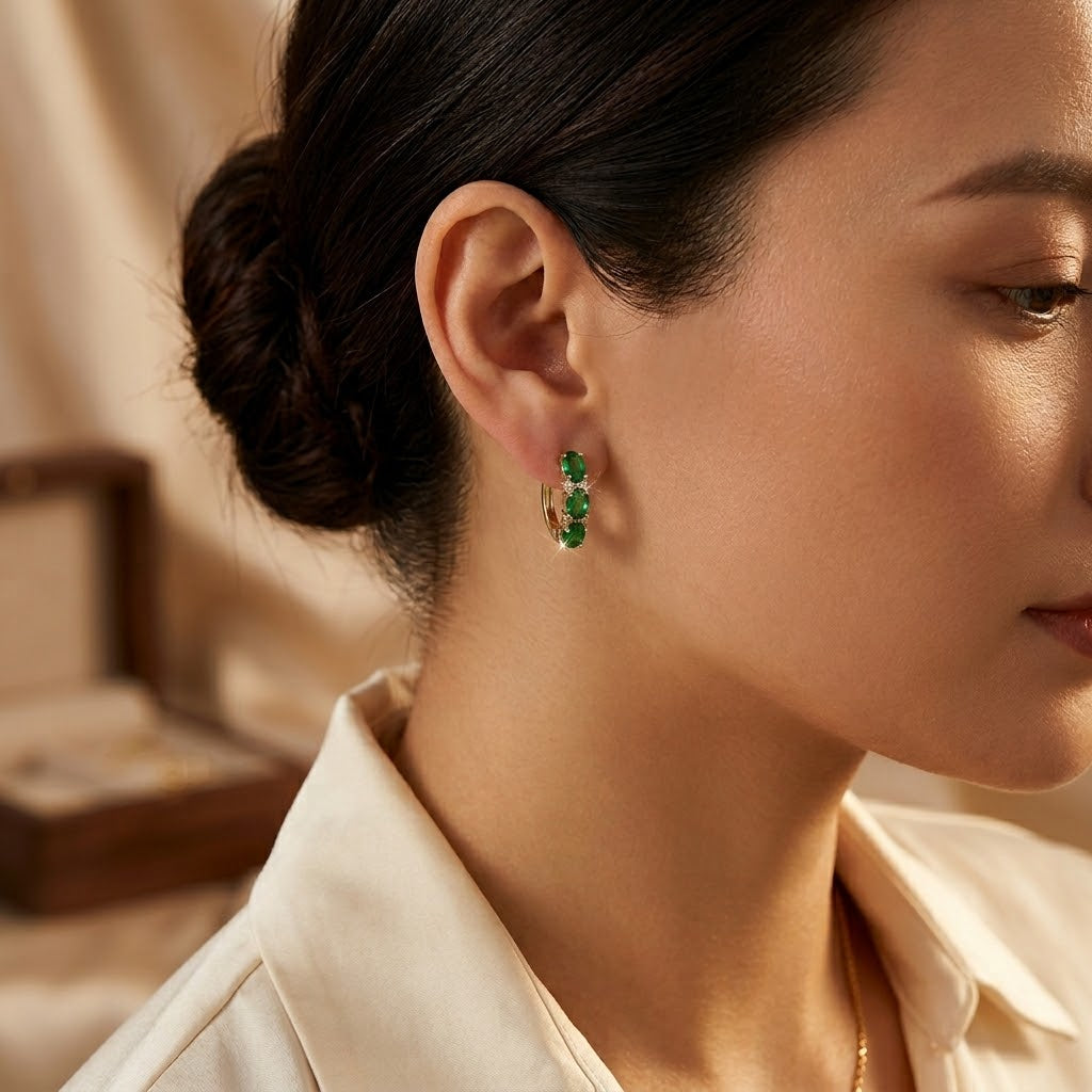 Brincos de argola verticais em ouro com detalhes de esmeralda, da marca Rose & Oliver, exibidos em close na imagem.