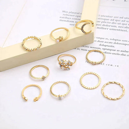 Set aus 10 Boho-Ringen in Silber und Gold, Vintage-Stil für Frauen, mit Monddetails und elegantem Design