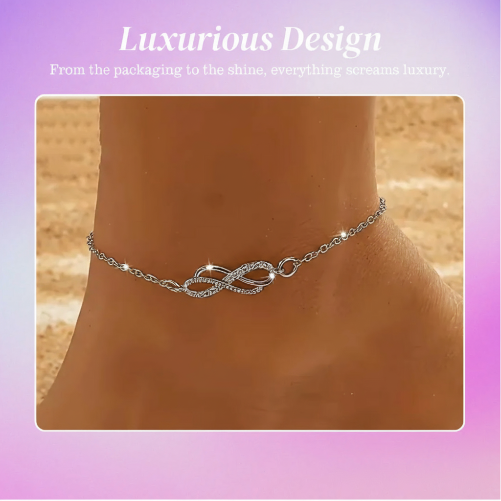 Delicada tobillera de plata Dana con símbolo de infinito, de la marca Rose & Oliver, brillante con detalles finos y elegantes.