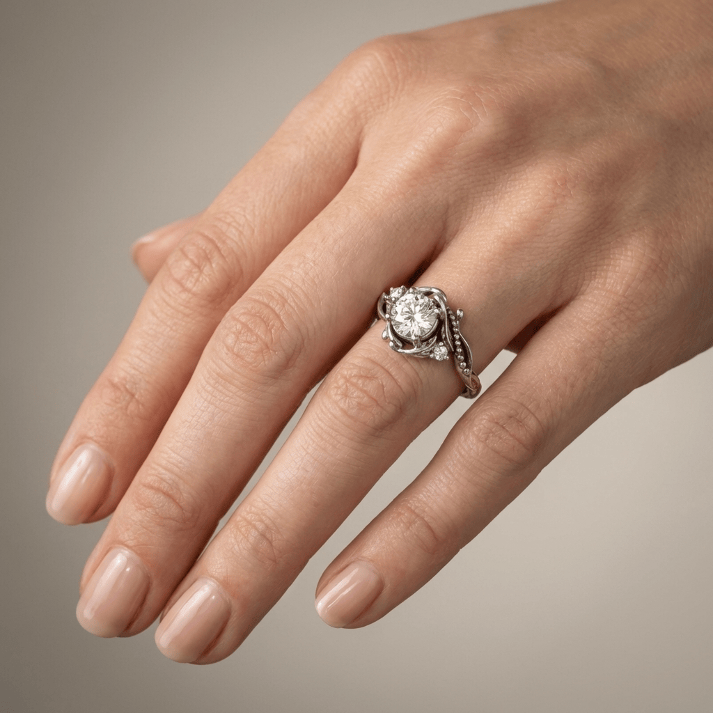 Anel vintage prateado com diamantes ornamentais, detalhado e elegante, da marca Rose & Oliver.