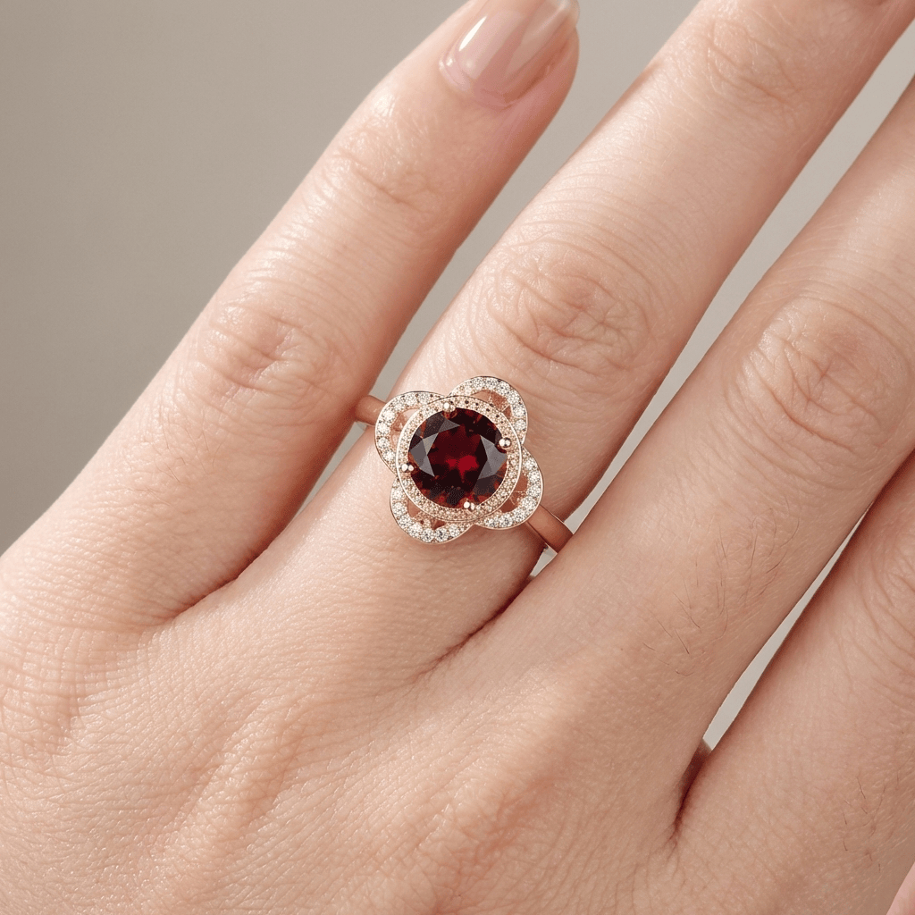 Anel de ouro com rubi e diamantes em halo, da marca Rose & Oliver, exibido em uma superfície branca.
