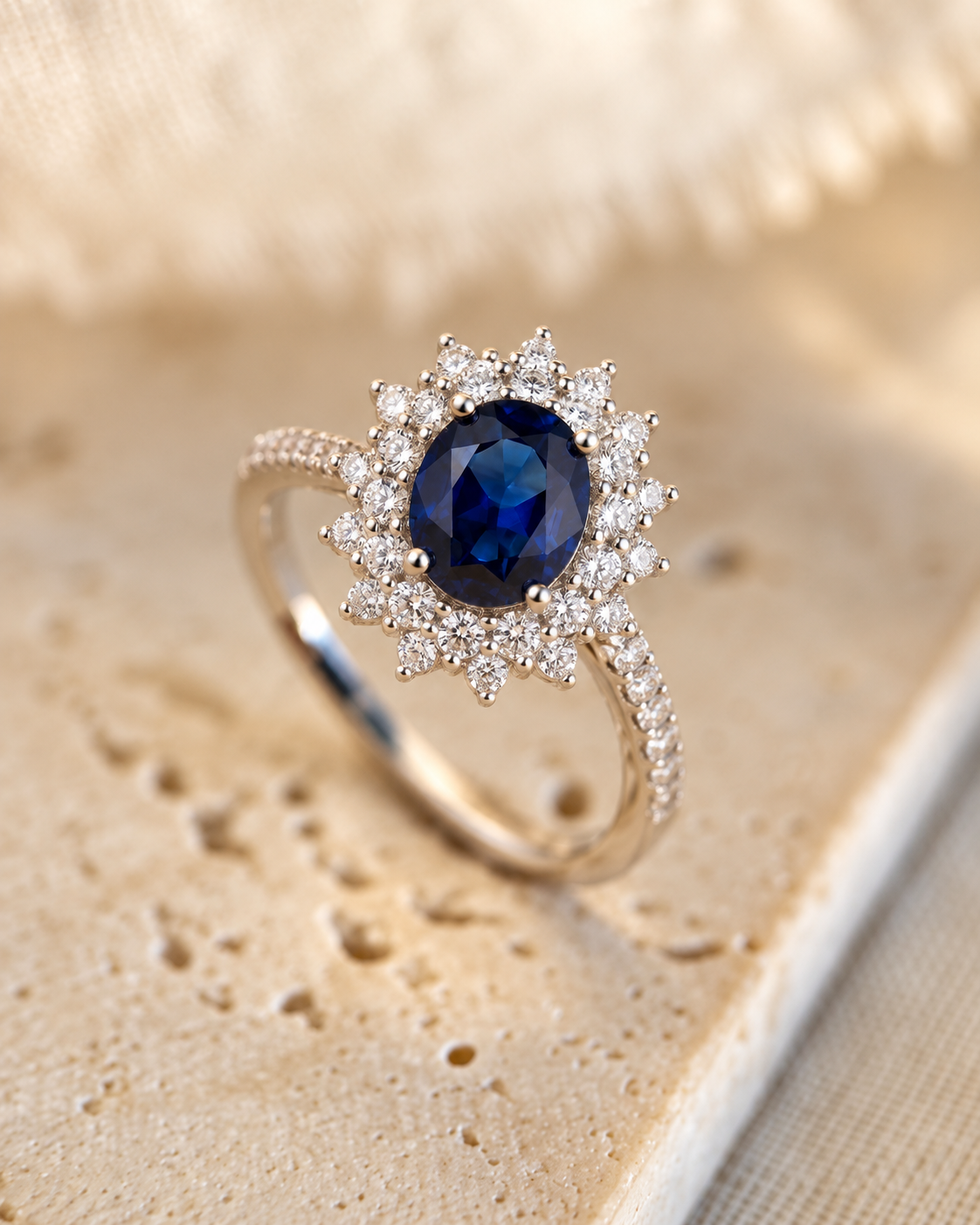 Anel de ouro com halo de safira azul, joia elegante da Rose & Oliver, com acabamento brilhante e design sofisticado.